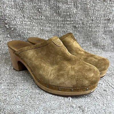 Ugg Abbie 5772 Mule Clog Wood Heel Studded Sherpa Brown Suede Mule Shoes SZ 8 M • $39.99