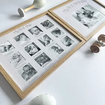 My First Year Photo Frame Oak Double Frame Baby's First 12 Months Frame Mileston • £23.99