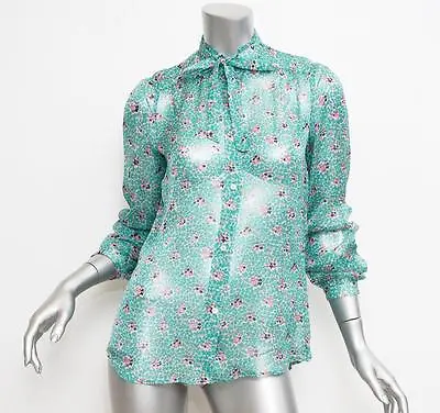PAUL & JOE Womens Turquoise Floral Print Chiffon Long Sleeve Blouse 3 NEW $415 • $65