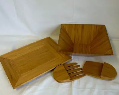 $45 • Buy Pampered Chef Wooden Bamboo Square Salad Bowl~two Utensils~serving Tray Retired
