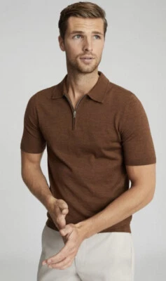 £45 • Buy Reiss ‘Maxwell’ 100% Wool Knitted Zip Collar Polo Shirt Tobacco Size Small BNWT