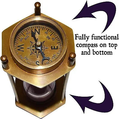 Brass Sand Timer Hourglass With Maritime Brass Compass Elevate Your Space • $17.99