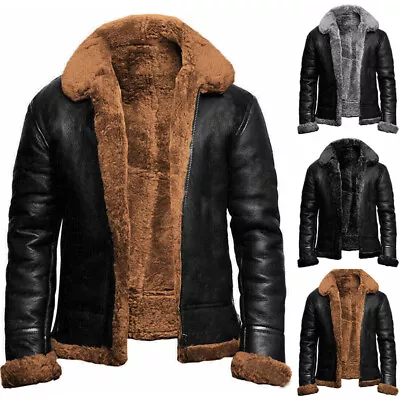 Winter Warm Men's Fleece Fur Lined Overcoat PU Leather Thick Casual Coat Jacket • $56.67