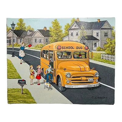  CATCHING THE SCHOOL BUS  Oil Painting On Canvas By C. Carson Vintage Original • $35.10