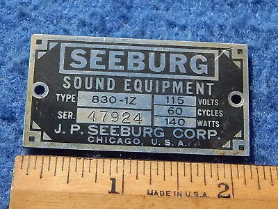 Seeburg 830-1Z Speaker Amplifier # 47924 Identification Plate Or ID Tag • $12