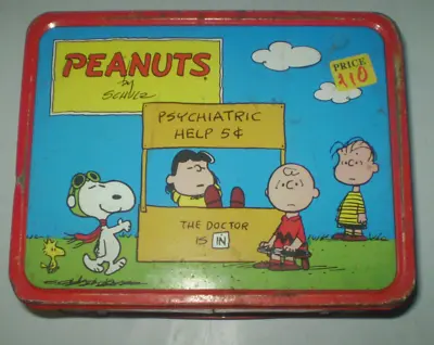 Charlie Brown Snoopy Peppermint Patty Metal Lunch Box Thermos Lucy Psychiatrist • $31.04
