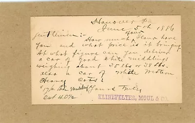 Klinefelter Moul & Co. Hanover Pennsylvania - June 1886  (purchase Of Grains) • $8