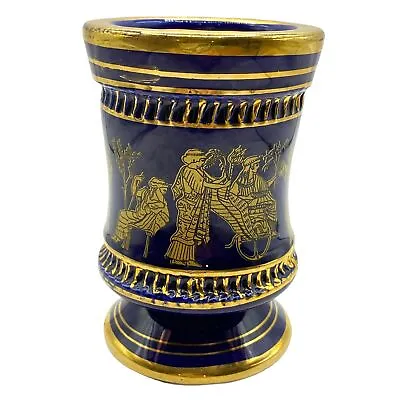 KE Handmade In Greece 24K Gold Painted & Cobalt Blue Vase Goblet Chipped 4.5  • $31.51