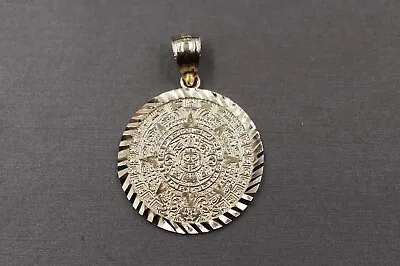 $120 • Buy 10K Solid Yellow Gold 1.2 ,1.4  Diamond Cut Aztec Mayan Calendar Charm Pendant.