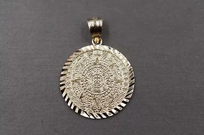 10K Solid Yellow Gold 1.2 1.4  Diamond Cut Aztec Mayan Calendar Charm Pendant. • $120