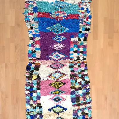 Moroccan Handmade Vintage Runner Rug 2.6x7.4 Berber Geometric Faded Pink Blue • $199