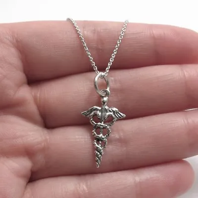 925 Sterling Silver Medical Caduceus Symbol Charm With Necklace • $18.96