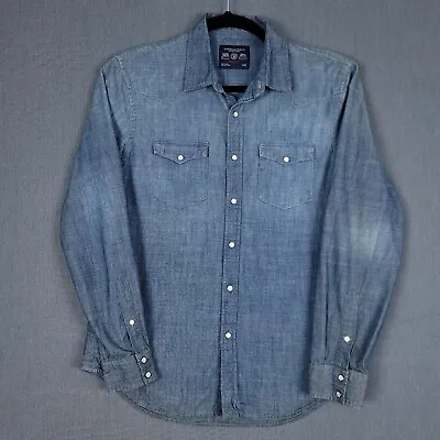 American Eagle Shirt Mens Large Blue Chambray Vintage Fit Western Pearl Snap • $19.74