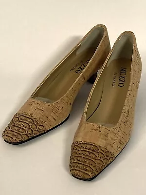 Mezzo By Vaneli Cork Wood Carved Cap-toe Heel Kitten Heel Pumps Women's 7.5 Slim • $17.95