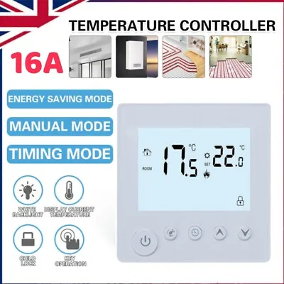 Underfloor Electric Heating Thermostat Temperature Controller LCD White 16A UK • £11.99