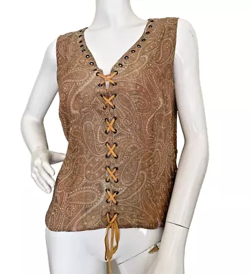 Vintage 90s Lace Up Tank Top Silk Paisley Pastel Nude Boho Size Large L • $15