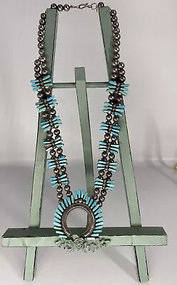 Vtg Zuni Sterling Silver Petit Point Turquoise Squash Blossom Necklace 10.5 Sign • $1200