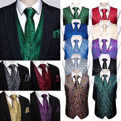 Vest Suit Mens Burgundy Red Waistcoat 4PC Tie Hanky Set Wedding Party S L XXL • $23.99