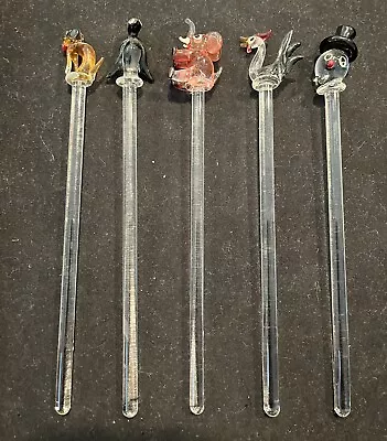 Vintage Blown Glass Swizzle Stir Sticks Bar Ware Set Of 5 Animals & Snowman • $10