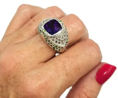Amethyst Diamond & Tsavorite Ring Size 7 1/2 925 Sterling Silver Square Ring • $490
