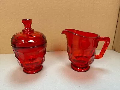 VTG Viking Glass Red Cream And Sugar With Lid Set Honeycomb  • $4.95