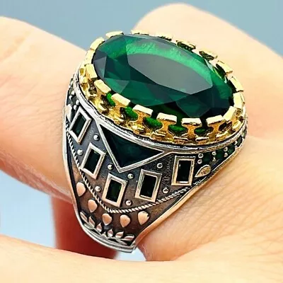 Silver Ring Mens Green Oval Emerald Gemstone Ring 925K Sterling Silver Jewelry • $50