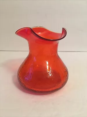 Vintage Amberina Handblown 4.5” Crackle Glass Ruffled Edge Vase • $7.50