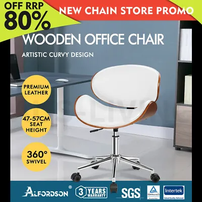 ALFORDSON Wooden Office Chair Computer Chairs Home Seat PU Leather White • $132.79