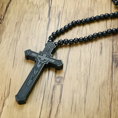 Prayer Mens Necklace Wooden Catholic Jesus Cross Bead Carved Rosary Long Collier • £6.59