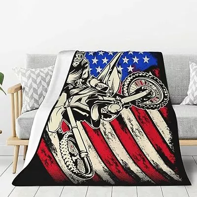 Fleece Blanket Queen Blanket - Bed 60 X50  Dirt Bike Motocross American Flag • $32.45