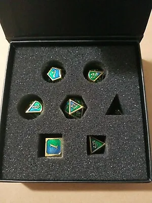 Polyhedral Metal 7Pc Dice Set BlueGreen/Gold; DnD Roleplaying FREE SHIPPING • $14.99