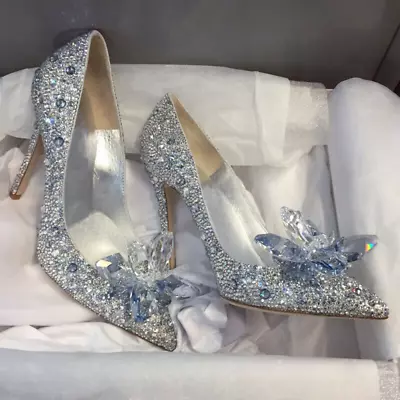 £63.59 • Buy Women Silver Cinderella Wedding Party Diamond Pumps Crystal High Heels Shoes 7CM