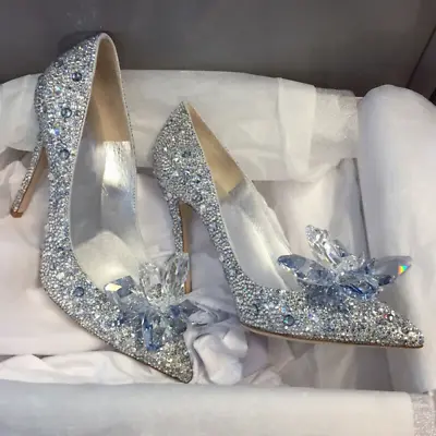 Women Silver Cinderella Wedding Party Diamond Pumps Crystal High Heels Shoes 7CM • £63.59