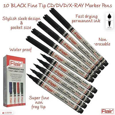 FLAIR Super Fine Non-Fray Tip CD DVD OHP Permanent Marker BLACK Pen Quick Drying • £3.35