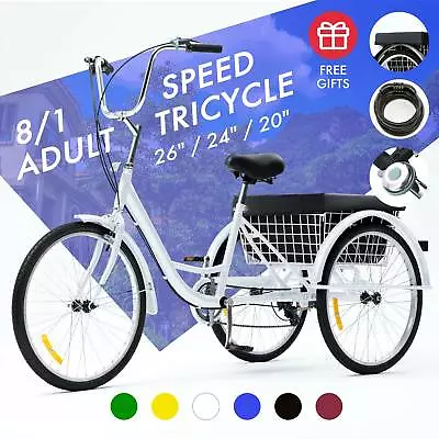 $259.99 • Buy 26 /24 /20  1/8 Speed Adult Tricycle Trike 3-Wheel Cruiser Bike For Shopping