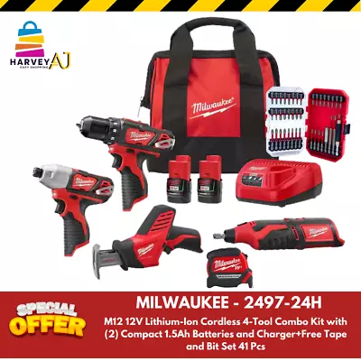 Milwaukee 2497-24H 4-Tools (2) Batteries And Charger M12V Lithium-Ion Combo Kit • $238.97