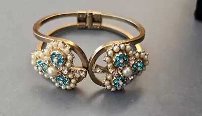 Vintage Aqua Crystal Rhinestones And Faux Pearls Clamper Bracelet  6  1/4  • $7