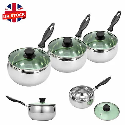 Set Of 3 Stainless Steel Deep Induction Non Stick Saucepans Cookware Pan Set Lid • £17.99