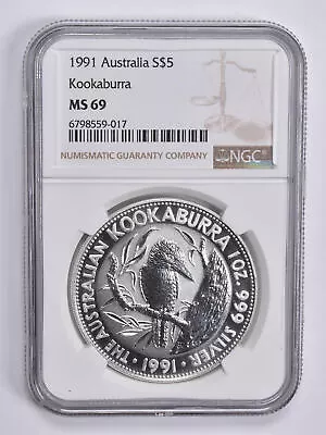 MS69 1991 Australia 5 Dollars Kookaburra 1 Oz Silver NGC Brown Label • $149.95