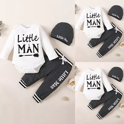 3PCS Newborn Baby Boys Long Sleeve Tops Pants Hat Outfits Tracksuit Clothes Set • £8.79