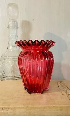 Vintage Fenton Cranberry Art Glass Vase Ruffled-Fenton Marked 1970-79 • $49.99