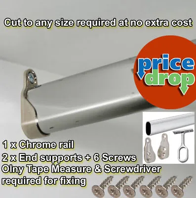 Wardrobe Pole Hanging Rail Oval Tube Bar Clothes Storage Chrome + Free Fittings • £1.99