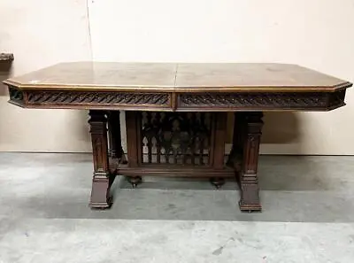 ARRIVES JULY 2024: Antique French Gothic Revival Oak Wood Dining Table • $2350