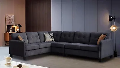 Black Velvet Sectional Sofa Modern Elegance 6-Seater Luxury Couch Plush Cushion • $1379