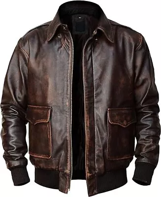 Mens A2 Flight Pilot Vintage Air Force Aviator Cockpit Bomber Leather Jacket • $124.32