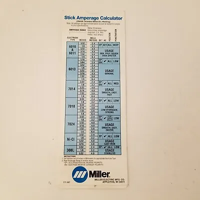 Miller Electric Stick Amperage Sliding Calculator Arc Welding SMAW Nice Shape • $13.69