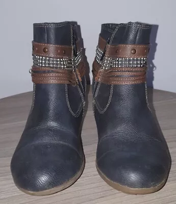 Mustang Ankle Boots Navy Brown Beaded Zip UK 4 EUR 37 • £14