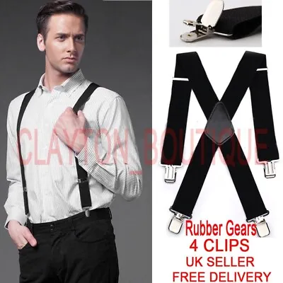 35mm Unisex Mens Men Braces Plain Black Wide & Heavy Duty Suspenders Adjustable • £6.71