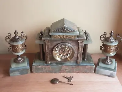 Antique Onyx Marble Clock Garniture Set Very Good Condition FWO 1890-1920 • $284.16