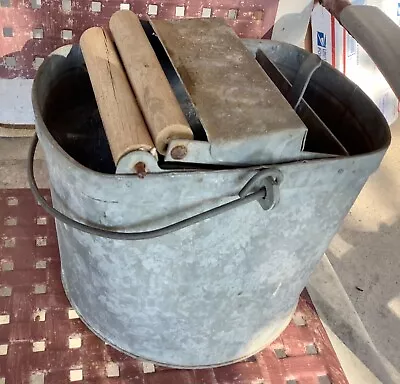 Vintage Galvanized Tin Metal Wash Bucket Metal Mop Wringer Wood Rollers De Luxe • $49.99